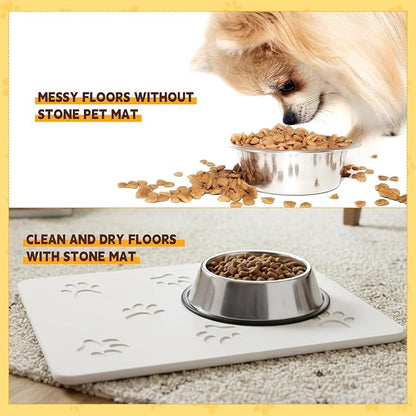 White Diatomaceous Earth Dog Bowl Mat (16x12 in) | Non-Slip Pet Food & Water Mat | Square Design with Cute Paw Prints for Medium Dogs, Quick Dry & Easy to Clean