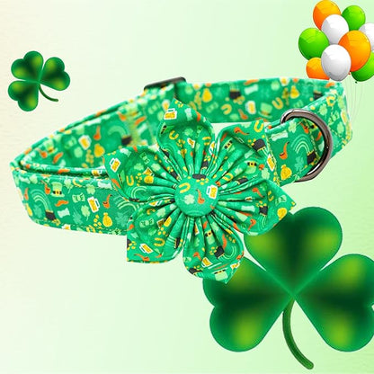 Lionheart glory St. Patrick's Day Dog Collar with Flower Dog Collars for X-Small Dogs, Heavy Duty Green Collars Bows Lucky Clover Shamrock Pet Collar Flower Puppy