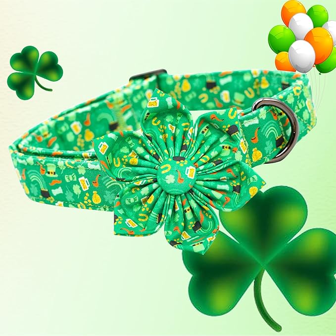 Lionheart glory St. Patrick's Day Dog Collar with Flower Dog Collars for Small Dogs, Heavy Duty Green Collars Bows Lucky Clover Shamrock Pet Collar Flower Puppy