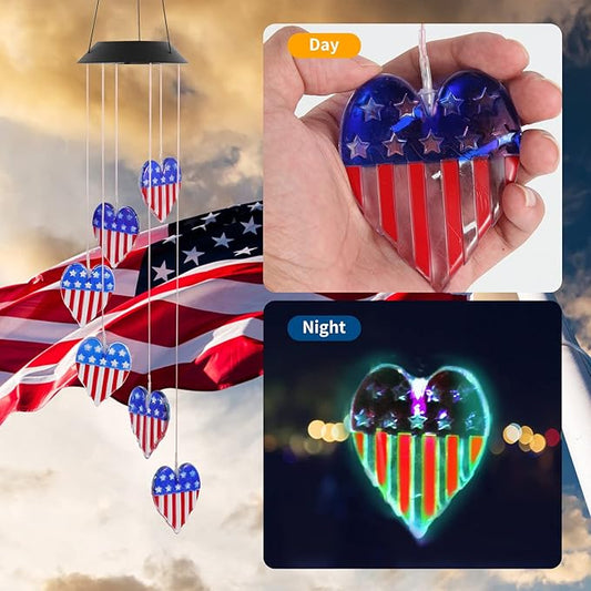 American Flag Solar Wind Chimes, Heart-Shaped Love Patriotic Wind Chime Color Changing Solar Lights for Garden Patio Home Decor