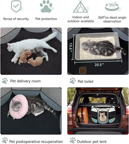 Medium Dog Cat Playpen, Puppy Pet Playpen Indoor for Dog Crate Tent Cage Outdoor, Portable Pop Up Dogs Enclosure Kennel with Carrying Case for Dogs/Cats/Rabbits (Grey with Pad, Medium)