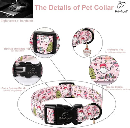 Christmas Dog Collar for Large Dogs - Cute Santa Print Pink Christmas Collars for Dogs, Soft Adjustable Winter Holiday Dog Collars with Quick Release Buckle L