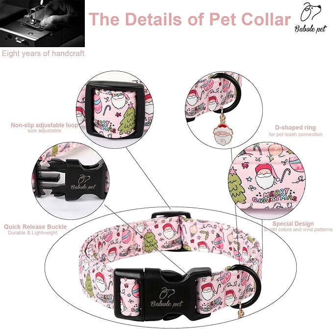 Christmas Dog Collar for Medium Dogs - Cute Santa Print Pink Christmas Collars for Dogs, Soft Adjustable Winter Holiday Dog Collars with Quick Release Buckle M
