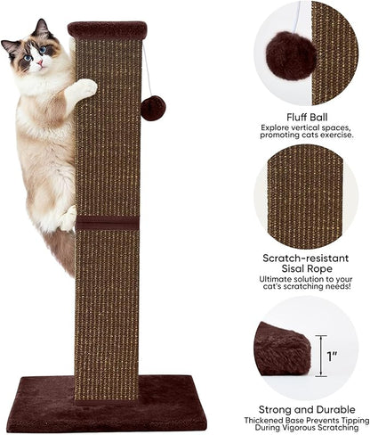 Cat Scratching Post 32 Inch for Indoor Large Cats and Kitten, Nature Sisal Tall Cat Scratch Post, Sisal Cat Scratcher Improve Cat's Scratching Habits and Protect Your Furniture, Full Brown