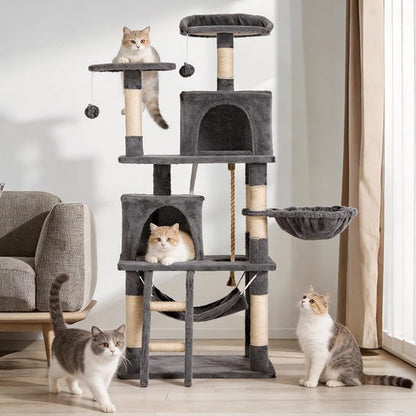 Cat Tree 60.63 inches Cat Tower for Indoor Cats, Multi-Level Cat Condo Furniture with Scratching Posts, Plush Perches, Activity Center with Cozy Basket & Hammock for Cats (Darkgray)