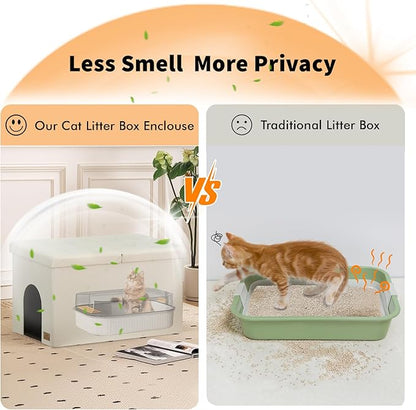 3-in-1 Cat Litter Box Enclosure for Odor Control, Hidden Litter Box Furniture Cabinet Ottoman with Flip-Up Lid, Multi-Functional Bench with Storage Footrest, Dog Proof (Cream, Large)