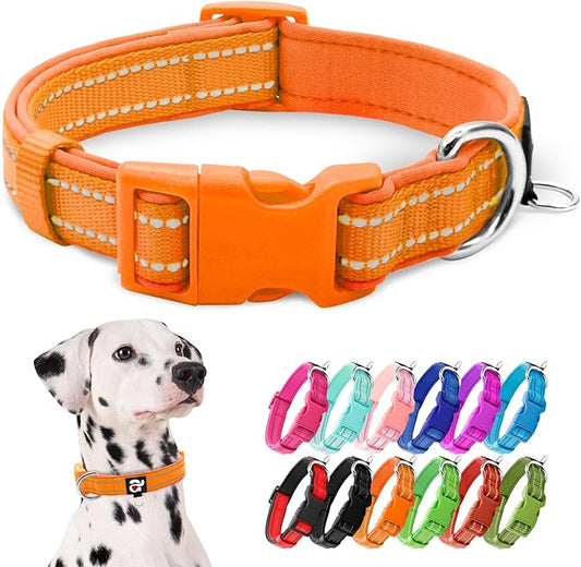 azuza Reflective Dog Collar, Soft Neoprene Padded Pet Collar with ID Tag Ring, Adjustable for Large Dogs,Orange,L