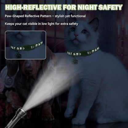 4PCS Breakaway Cat Collars,Reflective Cat Collar with Bells,Kitten Collars for Boy&Girl Cats Breakaway Collar for Cats with Paw Pendant 7.5-12.6 Inch(Black+Blue+Green+Grey)
