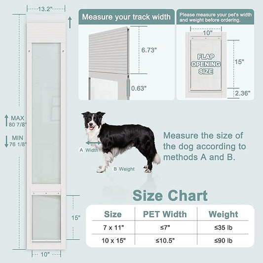 Doggie Door for Sliding Glass Doors, Adjustable Height 76 1/8"-80 7/8" Aluminum Frame Tempered Sliding Door Dog Doors Insert with Lock,XL Transparent 10" x 15" Flap Size for Large Dogs