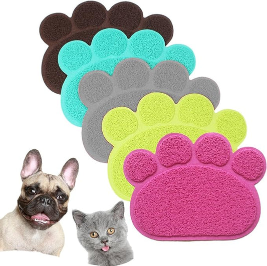 PVC Pet Dog Cat Puppy Kitten Dish Bowl Food Water Feeding Placemat, Non-Slip Cat Litter Mat Paw Shape, Blue Large