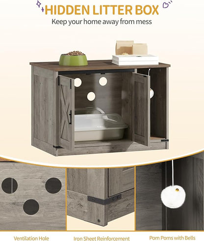 Cat Litter Box Enclosure, Hidden Litter Box Cabinet Furniture with Bell, Indoor Cat House, Farmhouse Style, 31.5 x 19.7 x 20.9Inches, for Hallway, Bedroom, Light Ivory and Brown CB82405X