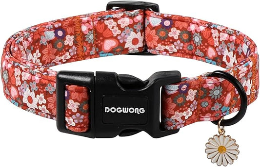 DOGWONG Red Flower Dog Collar, Cute Adjustable Floral Collar, Girl Female Dog Collar with Strong Plastic Buckle for Small Medium Large Dog.M