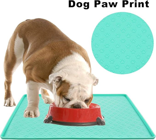 Silicone Cat & Dog Bowl Mat, Non-Slip Pet Feeding Mat - Waterproof Dog & Cat Placemat (18.5"x11.8", Mint Green Paw Pattern)