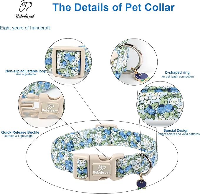 Blueberry Pattern Dog Collar, Cute Light Blue Spring Summer Puppy Collar - Soft Adjustable Designer Dog Collars for Small Medium Large Dogs XL