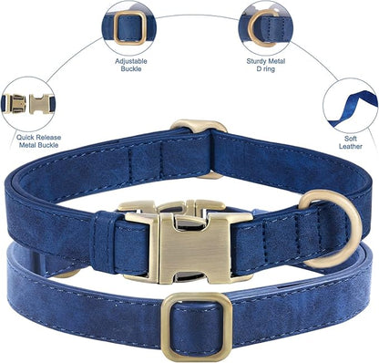Genuine Leather Dog Collar - Adjustable Pet Collar with Quick Release Metal Buckle, Soft Skin Friendly Real Leather Collar for Small, Medium, Large Dogs (Blue Collar + Rope, S：Fit 8-16" Neck)