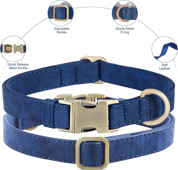 Genuine Leather Dog Collar - Adjustable Pet Collar with Quick Release Metal Buckle, Soft Skin Friendly Real Leather Collar for Small, Medium, Large Dogs (Blue, S：Fit 8-16" Neck)