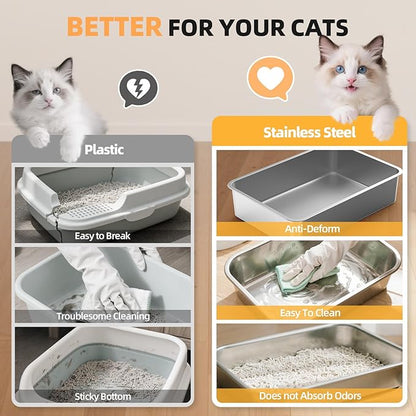 Enclosed Stainless Steel Cat Litter Box with Lid, XL Extra Large Litter Box for Big Cats, Metal Litter Pan High Sided, Never Absorbs Odors, Anti-Urine Leakage, Include Scoop (65-Green)