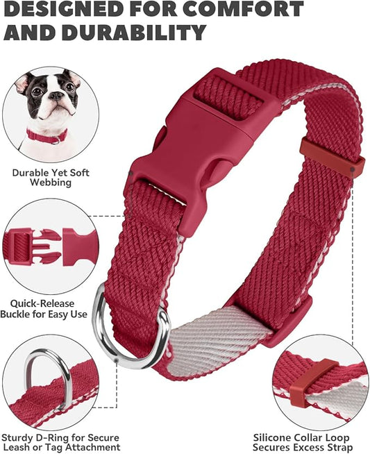 Dynmeow Soft and Breathable Cotton Dog Collar, Durable Adjustable Pet Collar with Quick-Release Buckle, Lightweight for Sensitive Skin for Puppies and Extra-Small Dogs, Red, Xs