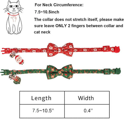 ADOGGYGO Christmas Cat Collar with Removable Bow Bell, 2 Pack Red Green Santa Reindeer Christmas Collars for Cat Kitten