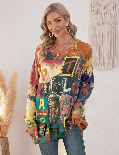 YESNO Women Christmas Sweater Graphic Printed Oversized Pullover Sweaters Casual Loose Knit Tops S01