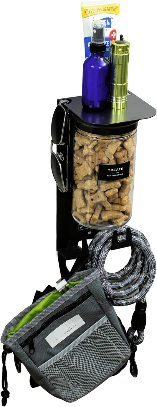 Dog Treat Holder For Wall Storage For Pets, Premium Pet Wall Organizer, Includes One 32oz Airtight Dog Treat Jar, 2 Sets of Triple Hooks, Sturdy Shelf in Modern Black