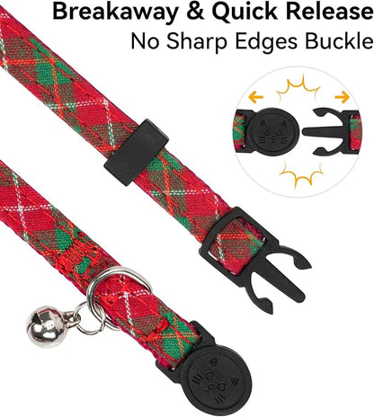 Joytale Upgraded Christmas Cat Collar with Bells, Breakaway Cat Collars with Bow Tie, 1 Pack Girl Boy Safety Plaid Kitten Collars, Red+Green Plaid