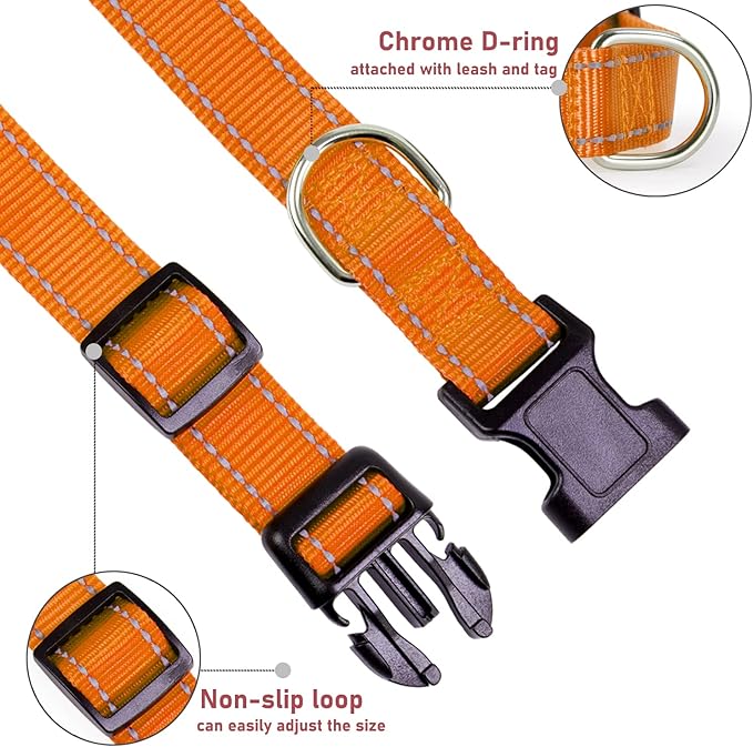 Reflective Dog Collar with Buckle Adjustable Safety Nylon Collars for Small Medium Large Dogs, Orange M