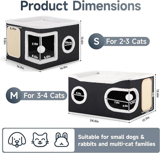 Cat Beds for Indoor Cats, Extra Wide Cat Cube House for Multi Cats, Foldable Cat Cave Hideaway with Arc-Edge Design & Oval Door, Double-Side Soft Cushion for All Seasons, 24"L x 17.7"D x 12.6"H, Black