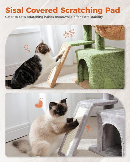 PETEPELA Small Cat Tree for Indoor Cats, 32'' Cute Cat Tower Cat Condo with Sisal Scratching Ramp, Cozy Hammock and Removable Top Bed Perch for Kittens, Grey