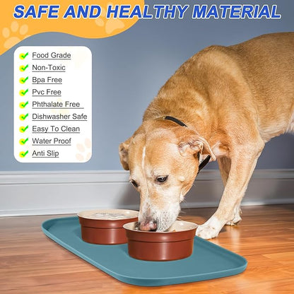 Silicone Pet Feeding Mat with Raised Edge for Food and Water, Dog Bowl Mats, Cat Bowls Placemat with High Lip for Floor Waterproof, Rubber Tray for Cats and Dogs 19 x 12 x0.7 Slate Blue