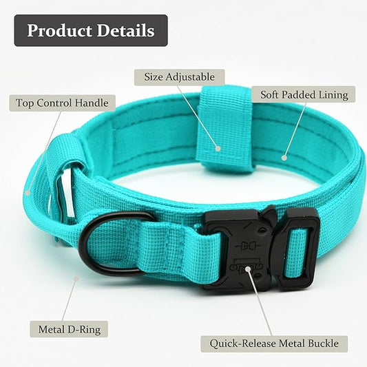Tactical Dog Collar, Adjustable Military Training Nylon Dog Collar with Control Handle and Heavy Quick-Release Metal Buckle for Small Medium Large Dogs, Blue L