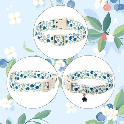 Spring/Summer Dog Collar for Small Dogs - Fresh Blueberry Girl Boy Dog Collars, Soft Lightweight Puppy Collar, Breathable Adjustable Male Female Fruit Floral Dogs Collars S