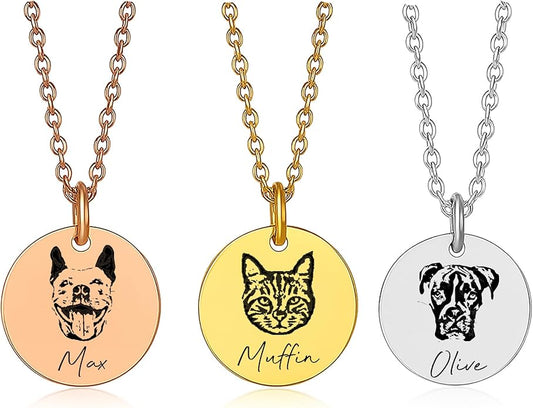 Custom Pet Portrait Necklace with Photo & Name – Dog or Cat Memorial Jewelry for Women or Men, Personalized Engraved Round Disc for Cat Loss, Birthday Gifts for Pet Owners, Dog Moms & Animal Lovers