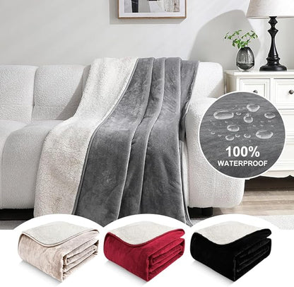 Waterproof Bed Blanket - Reversible Sherpa Throw with Leak-Resistant TPU Layer - 80x60 Stain Resistant, Machine Washable Bed Protector for Couch, Bed & Pets