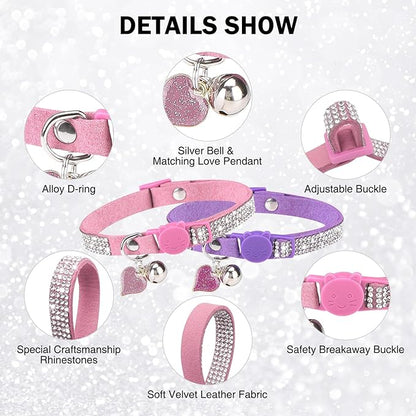 Rhinestone Cat Collar Breakaway with Bell, Diamond Cat Collar with Safety Buckle Quick Release for Girl Boy Small Kitten Pets Puppy,Cute Soft Female Male Cat Collars,Color Pink & Purple 8-12"