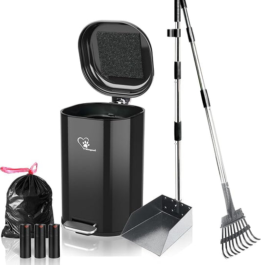 Dog Poop Trash Can Outside, Waste Bin with Lid and Removable Inner,Metal Rake Pooper Scooper, Odor Control for Indoor/Outdoor Dog Waste for Bathroom,Kitchen