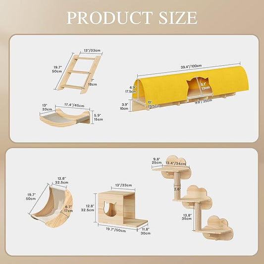 13-in-1 Cat Wall Shelves and Perches, Floating Cat Shelves, Solid Wood Wall Mounted Cat Furniture, Cat Climbing Shelves with Moon Hammock, House, Wall Ladder, Scratching Post and Cat Tunnel