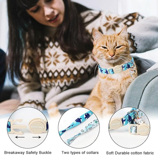 ARING PET 2 Pack Cat Collars-Cute Breakaway Cat Collar with Bell & Pendant, Adjustable Blue Whales&Dinosaur Pattern Kitten Collars with Safety Buckle for Girl and Boy Cats