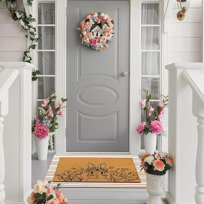 Tinideya 2 Pcs Easter Day Door Mat Welcome Outdoor Non Slip Coir Mats Flower and Bunny Floor Layering Doormats Seasonal for Front Porch Entryway Decor (Easter Bunny)