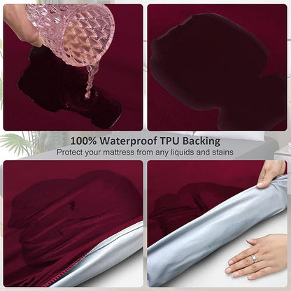 Waterproof Mattress Protector King, Fitted Sheet Style Breathable Mattress Cover with Deep Pocket Fits Up to 18'', Noiseless Bed Cover for Kids Adults Pets, Machine Washable (WineRed, 76'' X 80'')