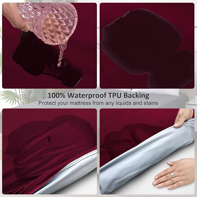 Waterproof Mattress Protector Queen, Fitted Sheet Style Breathable Mattress Cover with Deep Pocket Fits Up to 18'', Noiseless Bed Cover for Kids Adults Pets, Machine Washable (WineRed, 60'' X 80'')