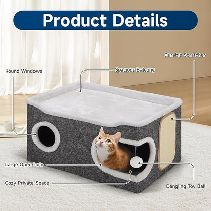 Shikha Cat Beds for Indoor Cats, Extra Wide Cat Cube House for Multi Cats, Foldable Cat Cave Hideaway with Arc-Edge Design & Oval Door, Reversible Cushion for All Seasons, 24"L x 17.7"D x 12.6"H, Grey