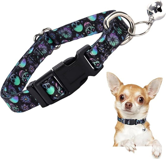 Small Dog Collar with Bell - Soft Adjustable Nylon Collar for Small Breeds, Skull Pattern Collar for Chihuahua Pomeranian Yorkie, Lightweight & Comfortable for Tiny Dogs (S)