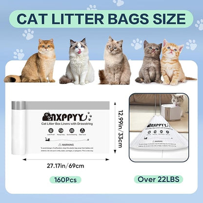 160 Count Cat Litter Box Liners for Litter Box Robot 4/5, Cat Litter Bags for Automatic Litter Box, 10-12 Gallon Heavy Duty Waste Bags with Drawstrings, 25.19" x 15.7" (Black)