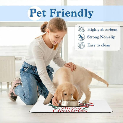 Dog Christmas Dog Food Mat–Christmas Stocking Absorbent Quick Dry Feeding Placemat for Food and Water Bowls, Non Slip Rubber Backing, Waterproof Pet Supplies for Mess-Free Eating 16"x24"