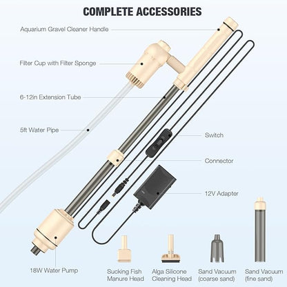 AKKEE Aquarium Vacuum Gravel Cleaner: 18W Gravel Vacuum for Fish Tank with Strong Suction for Automatic Change Water, Remove Dirt Wash Sand Water Shower and Water Circulation, Beige