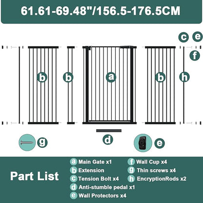 40.55" Tall, 61.61-69.48 Inch Wide, 1.37" Ultra Narrow Spacing Dog Pet Baby Gate Indoor for Doorway Hallway, Pressure Mounted 62 63 64 65 66 67 68 69 Inches Wide Black