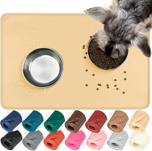 VIVAGLORY Dog Food Mat Flexmat Dog Bowl Mat, Placemat Food Tray with Raised Edges & Lip for Indoor Floor, Non Slip Waterproof Silicone Dish Placemat for Cat & Pet, L, Beige Yellow