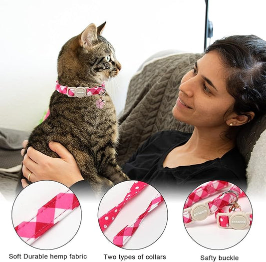 Cat Collar,2 Pack Cute Cat Collars Breakaway with Bell- Safety Buckle Pink Plaid Cat Collar for Girl Cats and Small Dogs，Adjustable 7-12 Inch,Pet Supplies Accessories