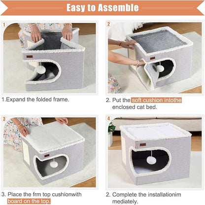 Cat Bed for Indoor Cats Cube House, Covered Cat Cave Beds & Furniture with Scratch Pad and Hideaway Tent, Cute Modern Cat Condo for Multi Small Pet Large Kitten Kitty, Large, Green